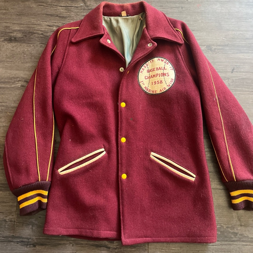 Vintage Maroon Wool Varsity Jacket with Yellow Trim